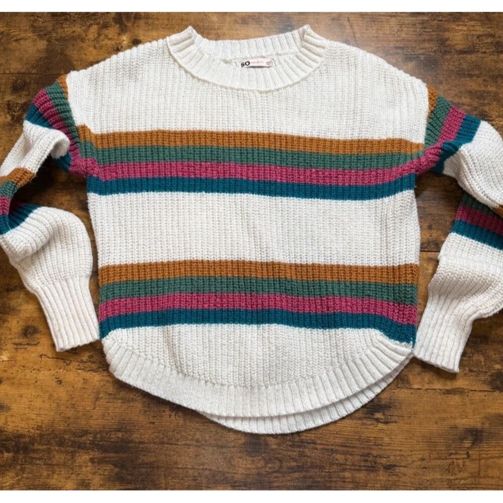 SO Sweater Retro Cozy Colorblock Striped Knit Crew Neck Cream Womens XS